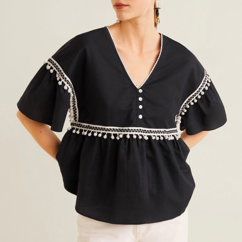 Mango Pompoms Embroidered Blouse - Size Medium